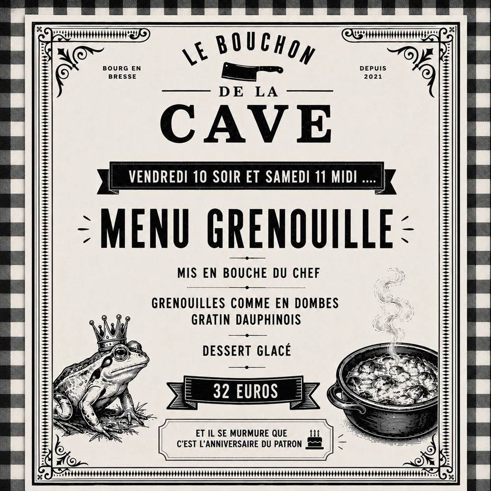 Affiche du menu grenouille du Bouchon de la Cave